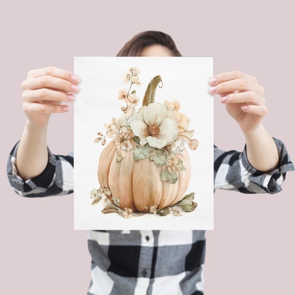 Watercolor Pumpkin with Flowers Wall Art Print Unframed - Cozy Autumn Elegance - Picture 5 of 7